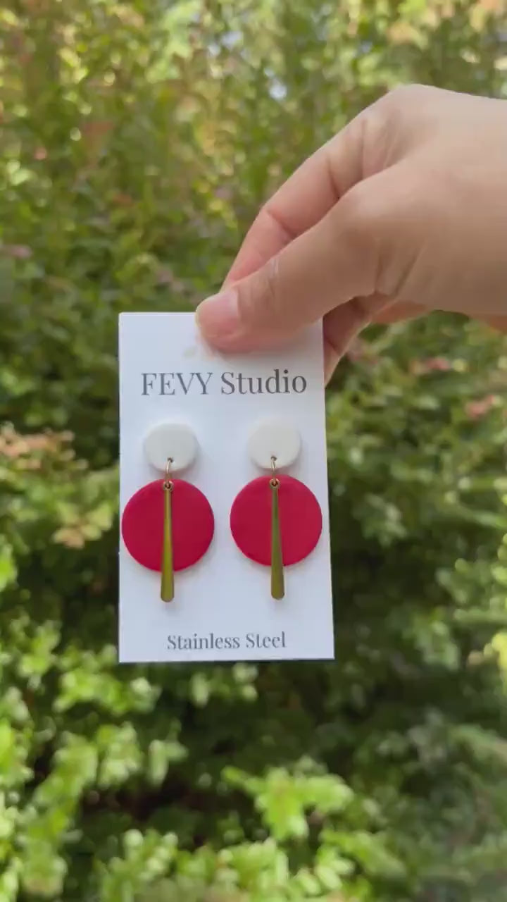 Sage Green Beige Polymer Clay Dangle Earrings, Modern Minimalist Gold Statement Handmade