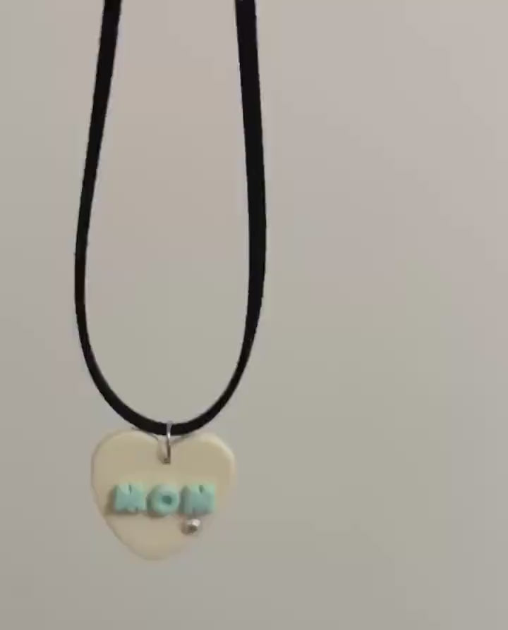 Personalized Polymer Clay Heart Jewelry Set, Cream Blue Mom Necklace Earrings