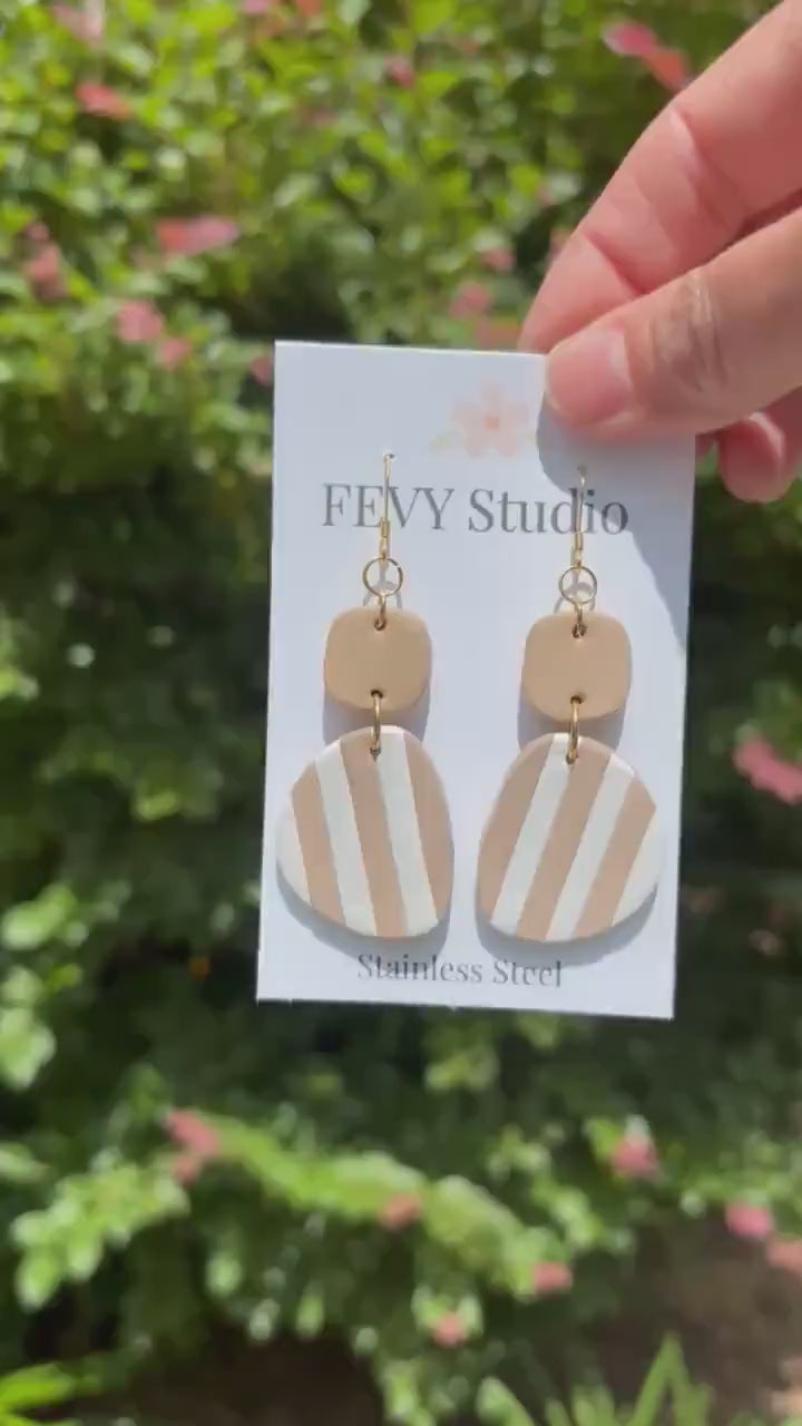 Neutral Striped Polymer Clay Earrings, 18K Gold Plated Stainless Steel, Lightweight Boho Statement