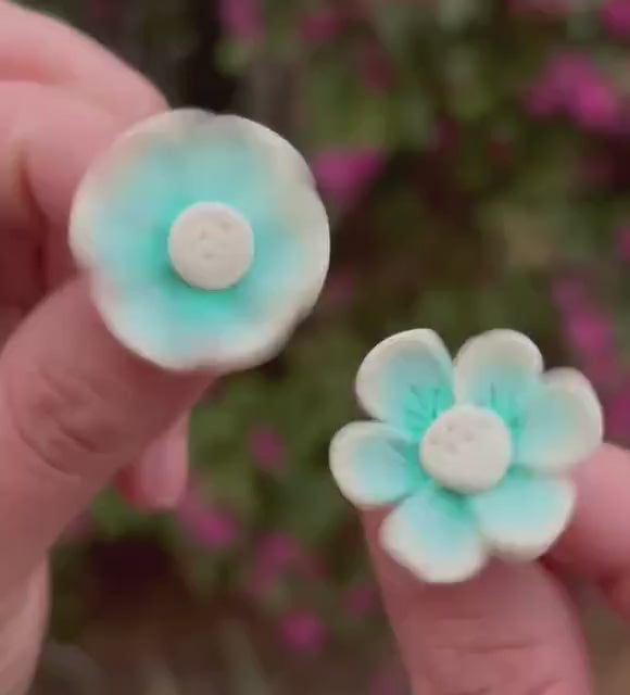 Blue Flower Stud Earrings, Turquoise Floral, Handmade Polymer Clay, Stainless Steel Posts