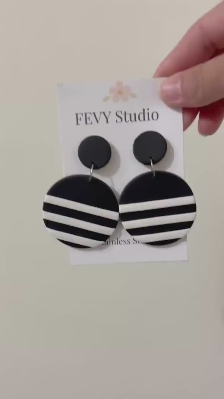 Black White Statement Earrings, Modern Geometric Dangle Earrings, Handmade Polymer Clay Jewelry, Gold Accent Earrings, Minimalist Gift for