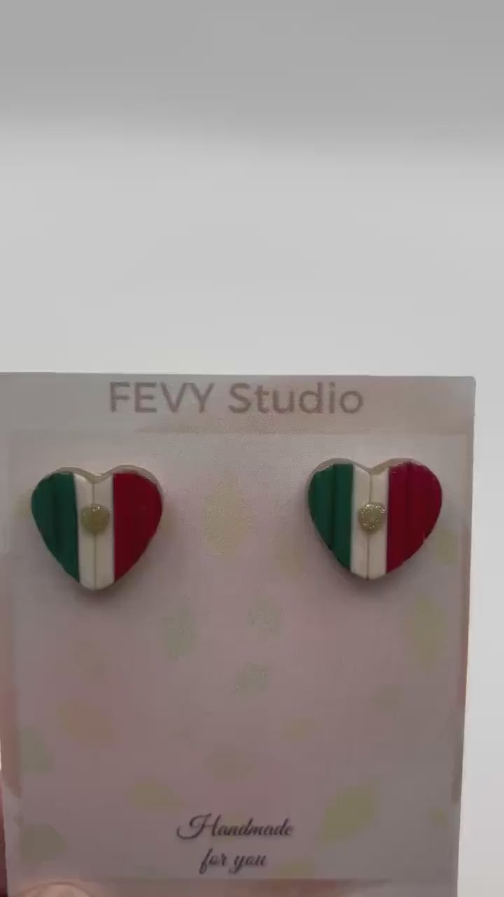 Mexico Flag Heart Earrings – Handmade Polymer Clay Studs – Stainless Steel Posts – Patriotic Gift for Women – Mexican Jewelry