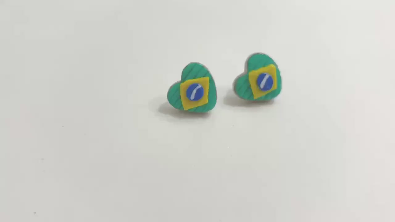 Brazil Flag Heart Stud Earrings | Handmade Polymer Clay | Soccer Fan Gift