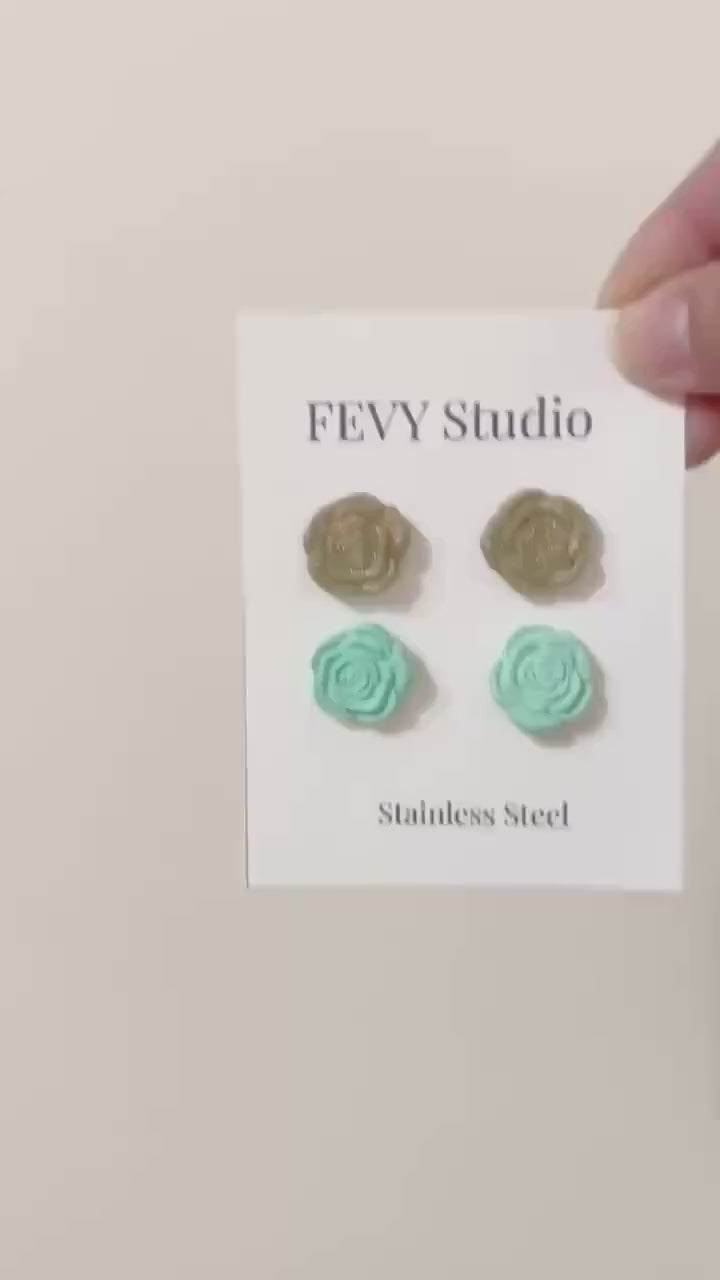 Rose Flower Stud Earrings Set | Turquoise Gold Earrings | Polymer Clay Jewelry | Stainless Steel Posts Gift for Women