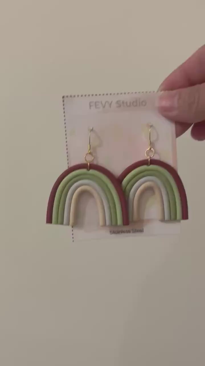 Neutral Rainbow Polymer Clay Earrings, Minimalist Gold Earrings, Lightweight Everyday Jewelry, Boho Aesthetic Gift for Her