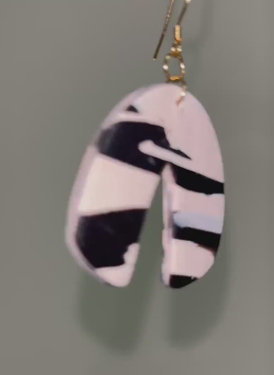Black and White Marble Polymer Clay Earrings, Modern Arch Earrings, 18K Gold Plated Stainless Steel Hooks, Minimalist Statement Earrings