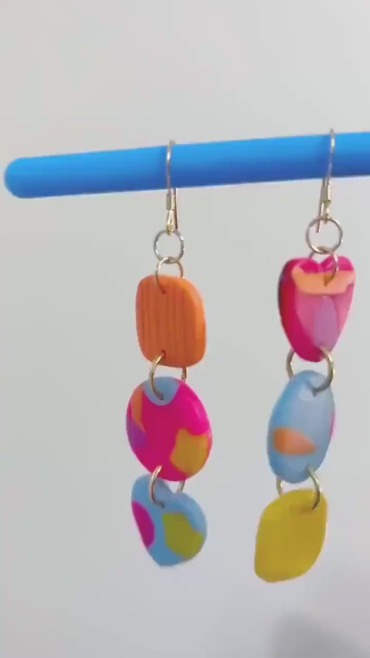 Colorful Asymmetrical Polymer Clay Earrings – Bold Modern Art Dangles