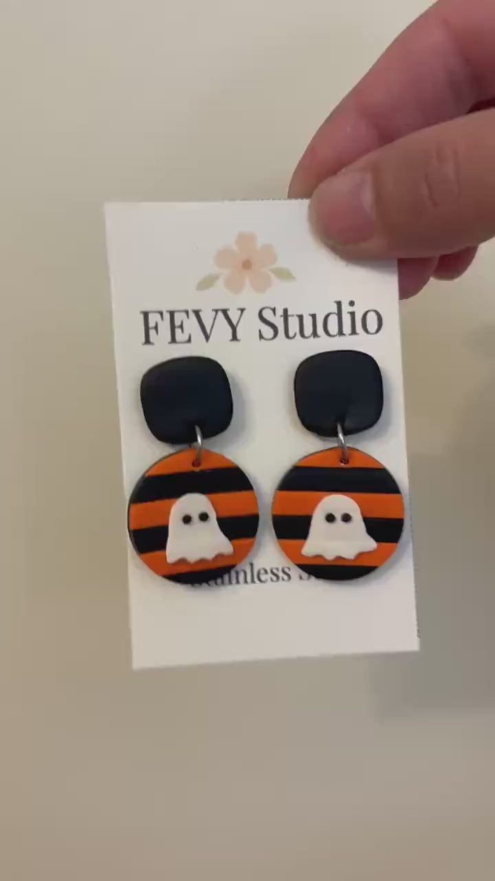 Halloween Ghost Earrings, Spooky Orange & Black Dangle Earrings, Handmade Polymer Clay Jewelry, Halloween Gift for Her