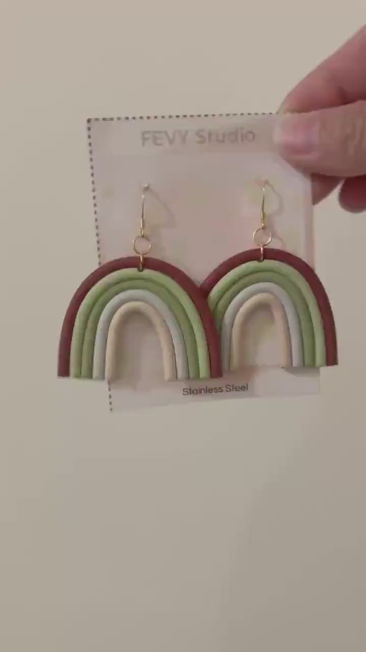 Pastel Rainbow Dangle Earrings – Handmade Polymer Clay, 18K Gold Plated Hooks