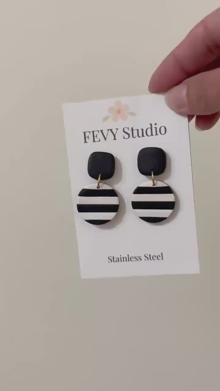 Black White Dangle Earrings, Minimalist Statement Earrings, Modern Clay Earrings, Geometric Earrings, Lightweight Earrings, Boho Gift for He