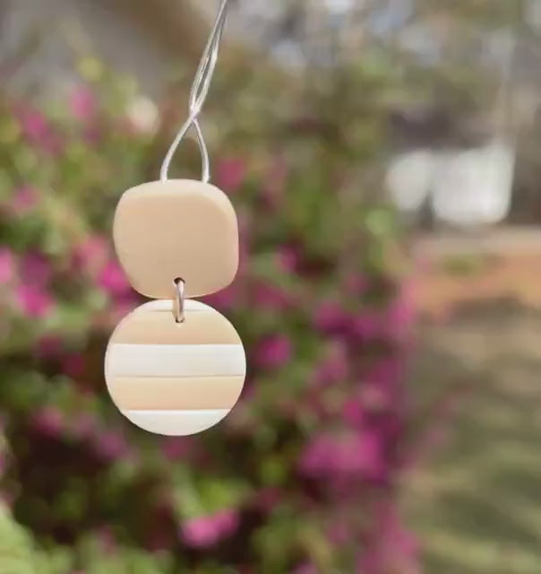 Sage Green Beige Striped Dangle Earrings – Minimalist Polymer Clay Jewelry