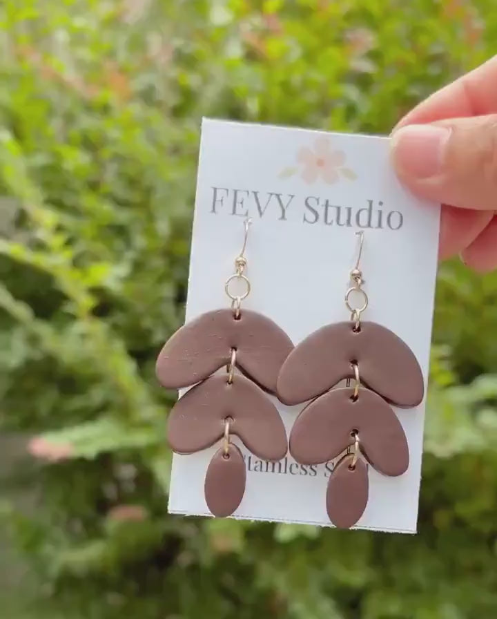 Brown Polymer Clay Statement Earrings, Boho Dangle Earrings for Women, Lightweight Handmade Jewelry, Modern Gift for Her