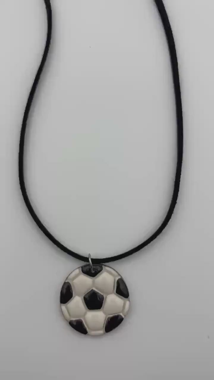 Handmade Polymer Clay Soccer Ball Pendant Necklace, Sports Jewelry