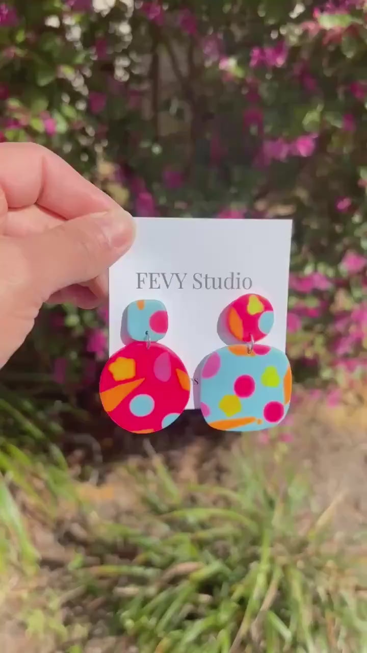 Colorful Abstract Polymer Clay Statement Earrings, Modern Handmade Summer Jewelry