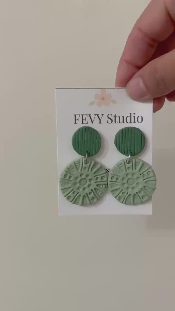 Neutral Beige Embossed Dangle Earrings, Boho Polymer Clay Statement Jewelry