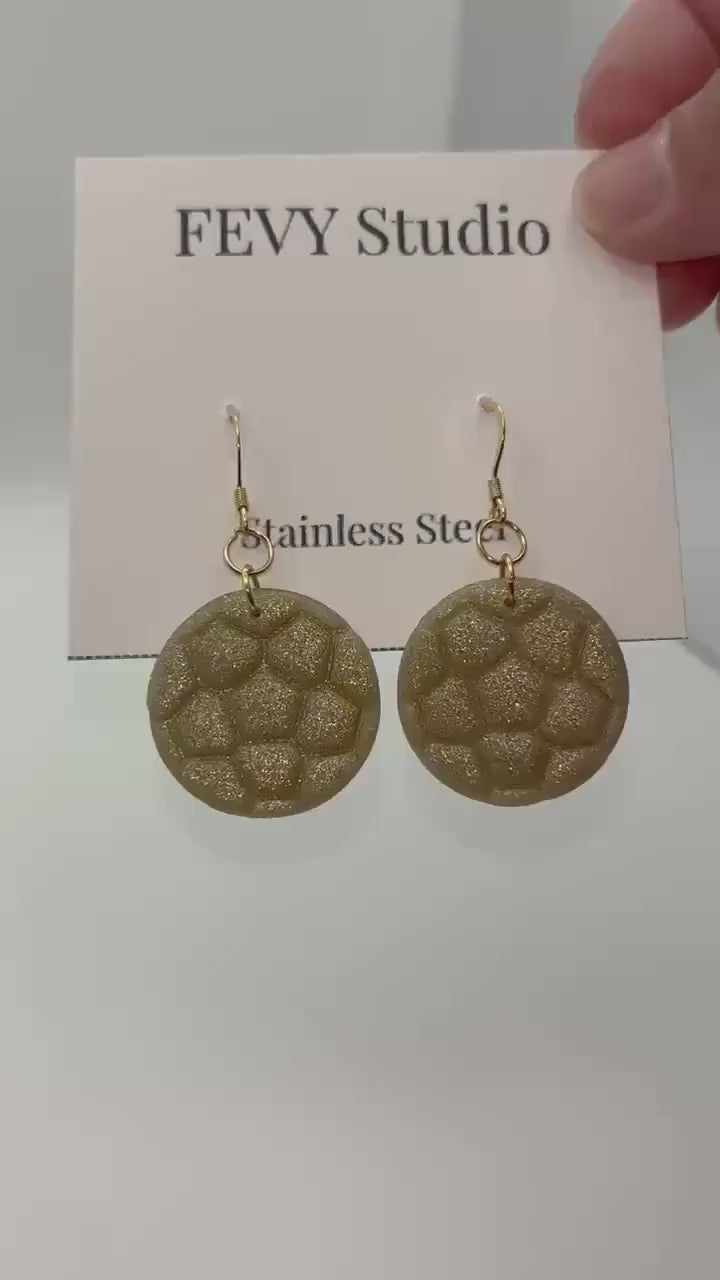 Handmade Gold Soccer Ball Polymer Clay Earrings, Lightweight Sports Dangle