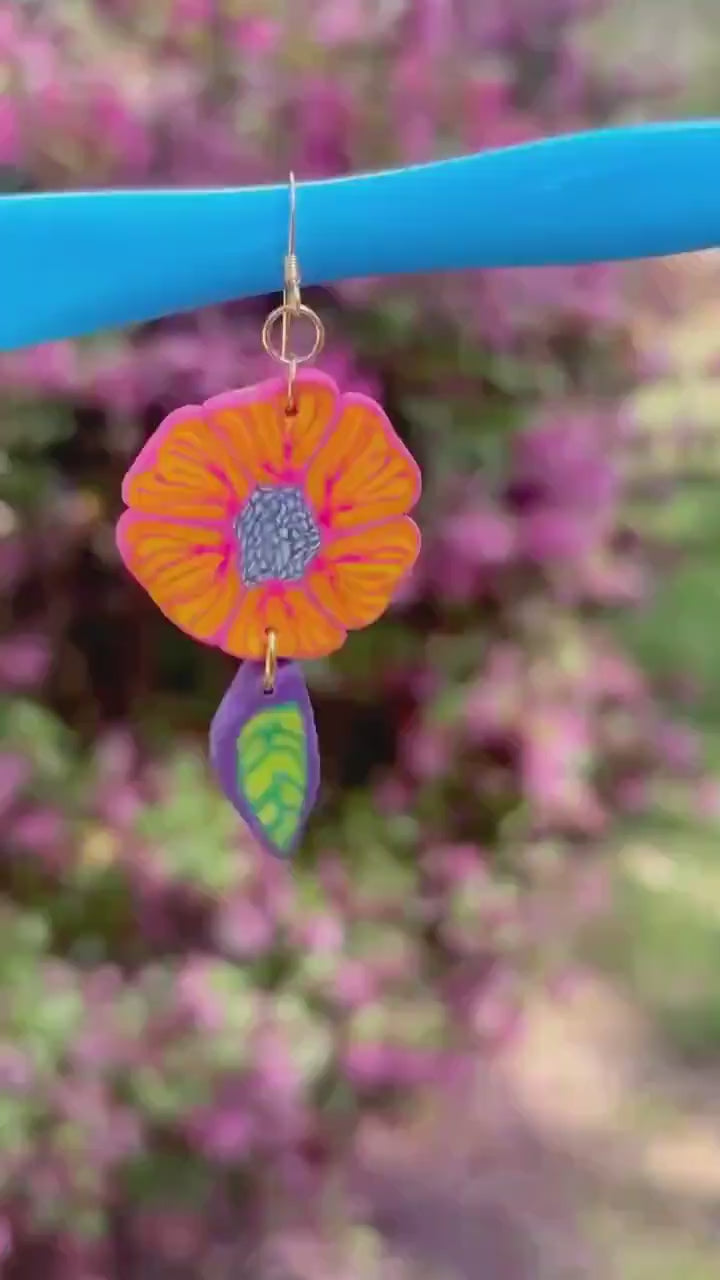 Handmade Polymer Clay Flower Earrings, Abstract Millefiori Cane Dangle Jewelry