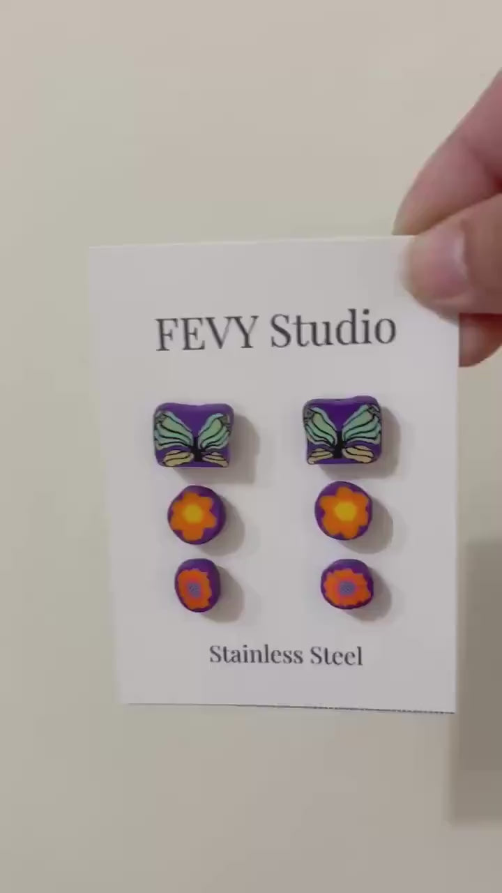 Colorful Butterfly Flower Polymer Clay Stud Earrings | Handmade Stainless Steel Posts