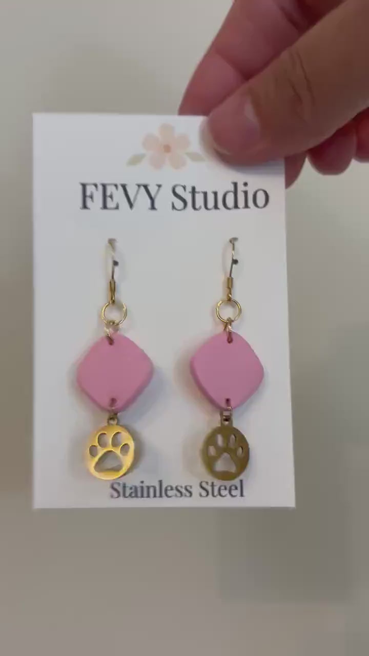 Handmade Polymer Clay Paw Print Star Earrings, Stainless Steel Pet Mom Jewelry