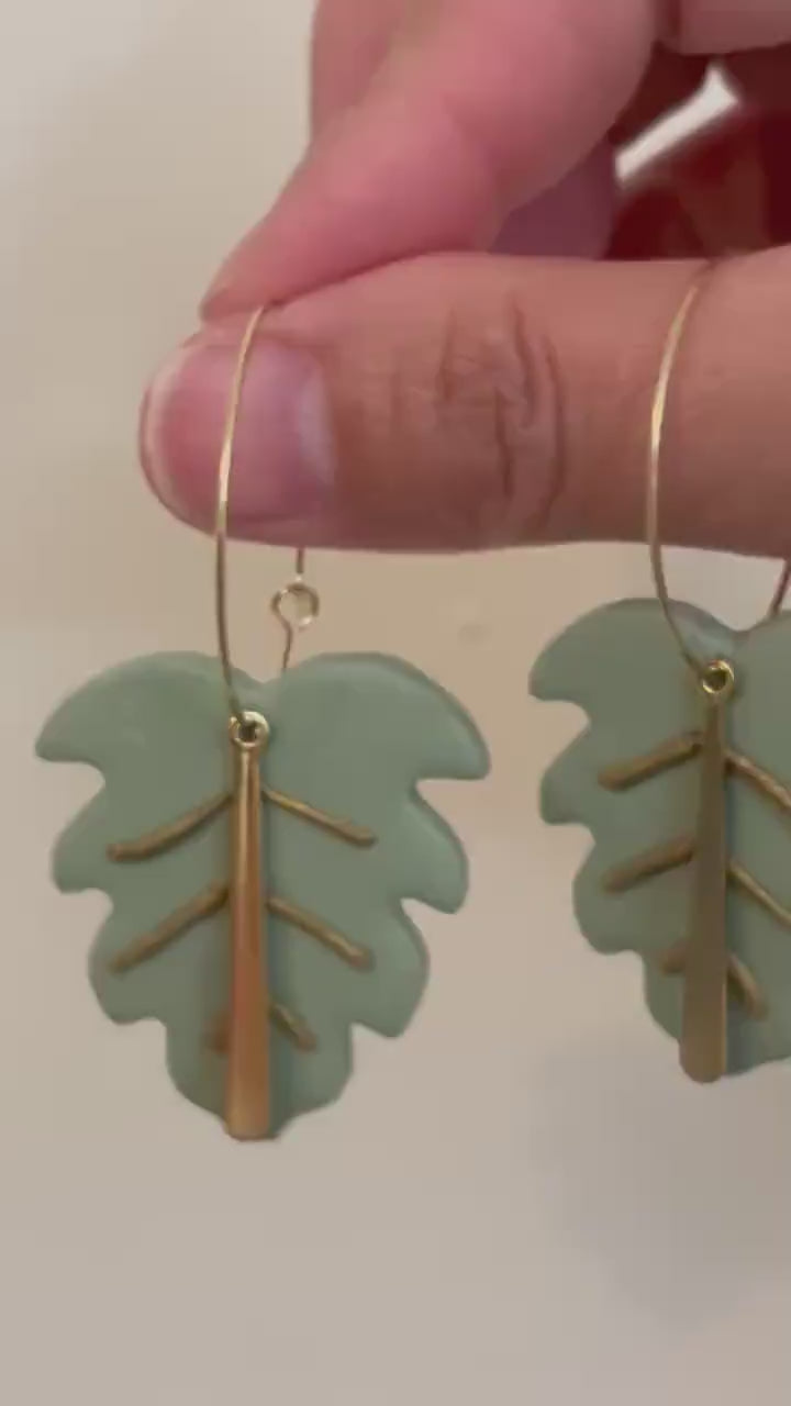 Handmade Sage Green Monstera Leaf Earrings, Gold Hoop Botanical Jewelry