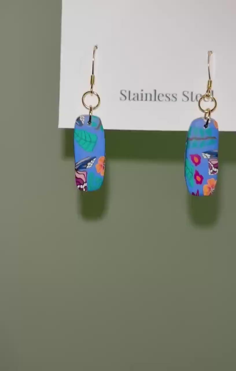Blue Butterfly Polymer Clay Earrings, Botanical Dangle, 18K Gold Plated Hooks