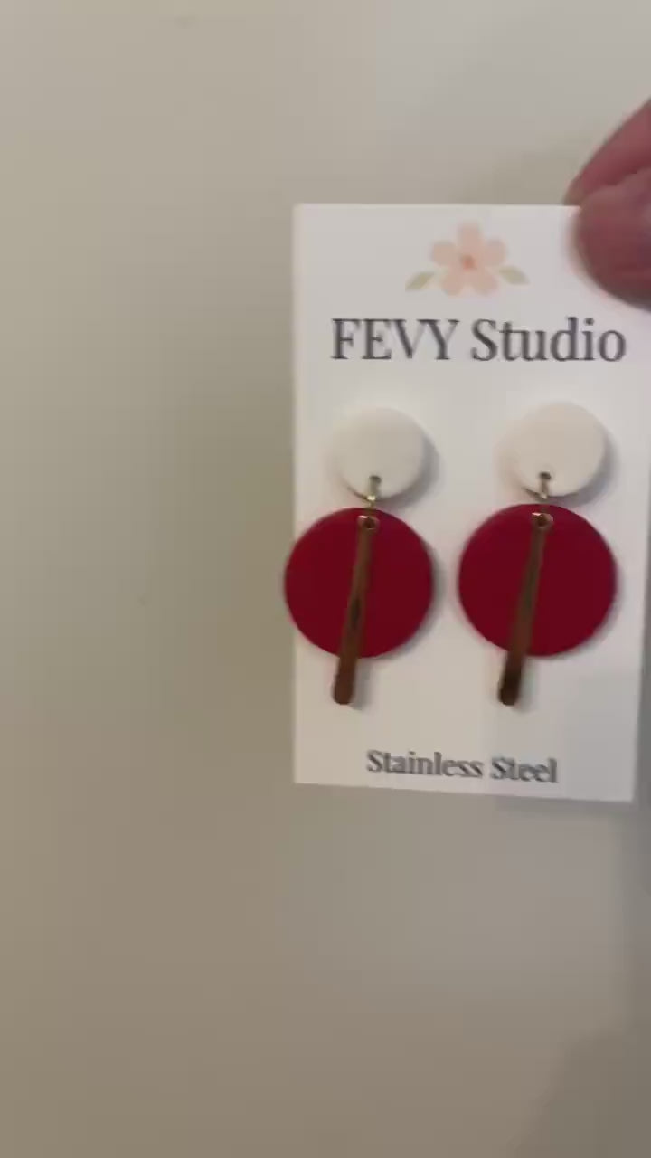 Red & Navy Blue Polymer Clay Statement Earrings, Handmade Lightweight Dangle Earrings, Modern Gold Bar Jewelry, Stainless Steel