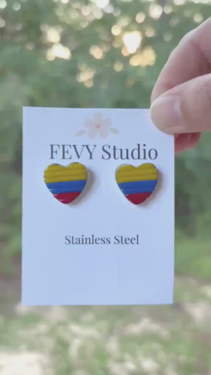 Colombia Heart Earrings, Colombian Flag Earrings, Handmade Polymer Clay Studs, Colombian Jewelry, Colombia Gift, Latina Gift, Heart Stud