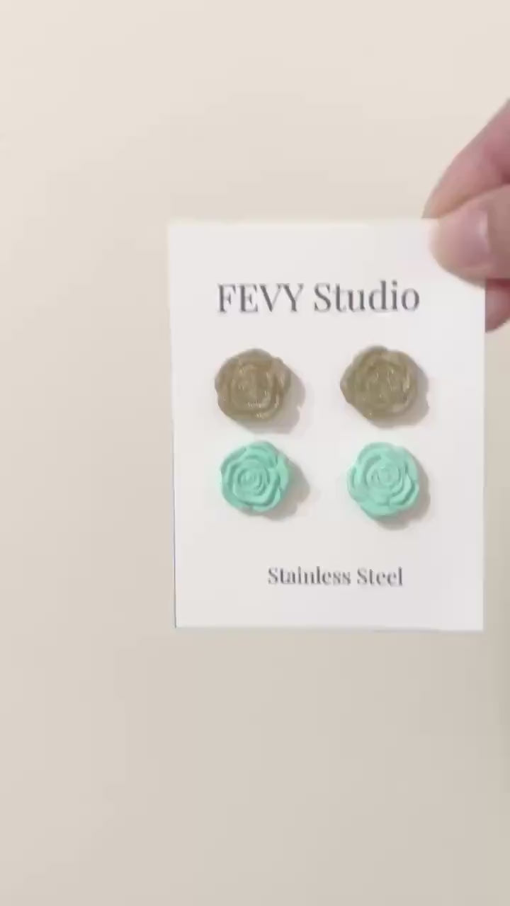 Personalized Rose Stud Earrings | Polymer Clay Party Favors, Stainless Steel Posts
