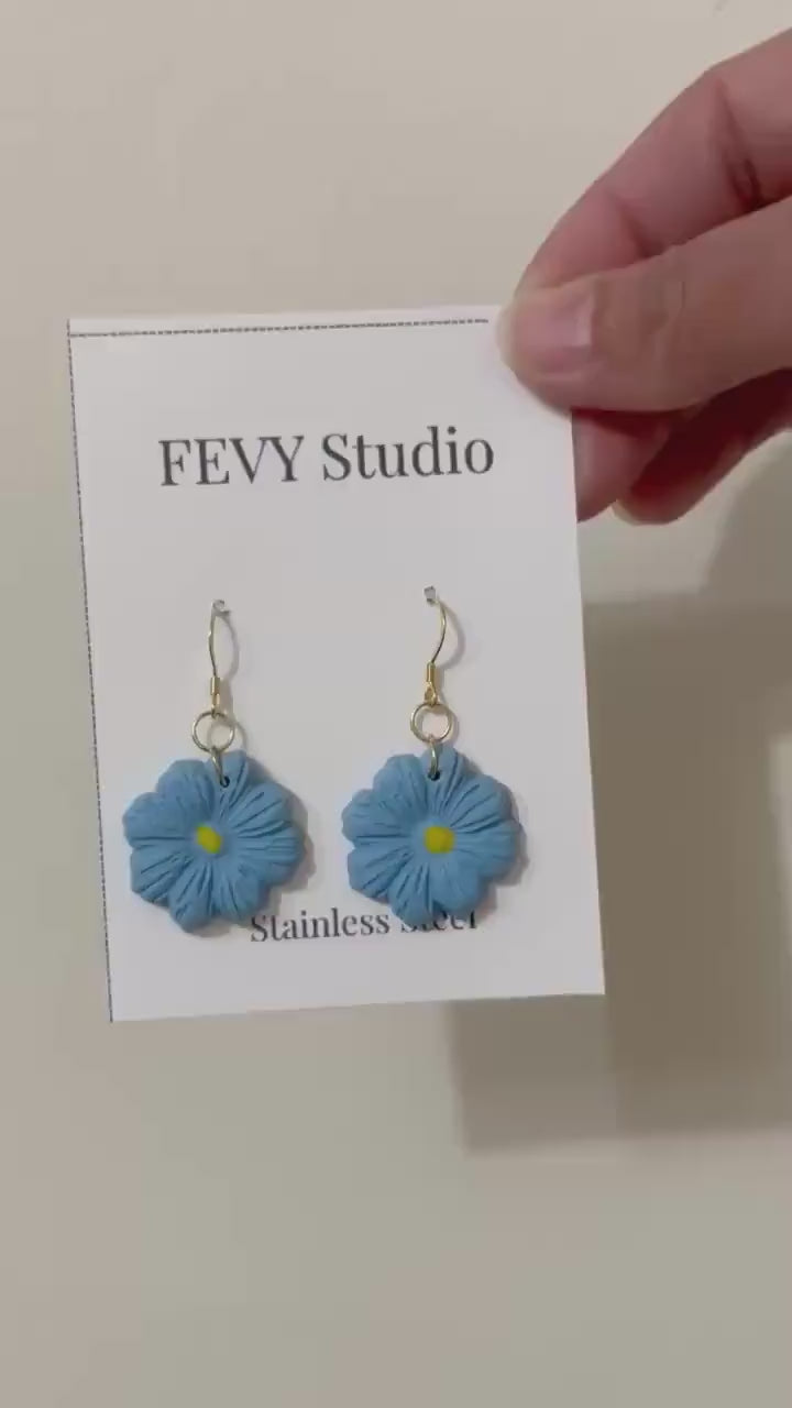 Handmade Blue Floral Polymer Clay Dangle Earrings | 18K Gold Plated Hooks
