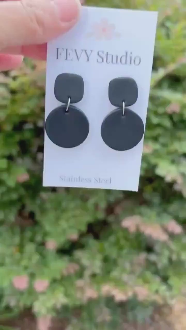 Matte Black Geometric Dangle Earrings | Lightweight Polymer Clay Statement Jewelry
