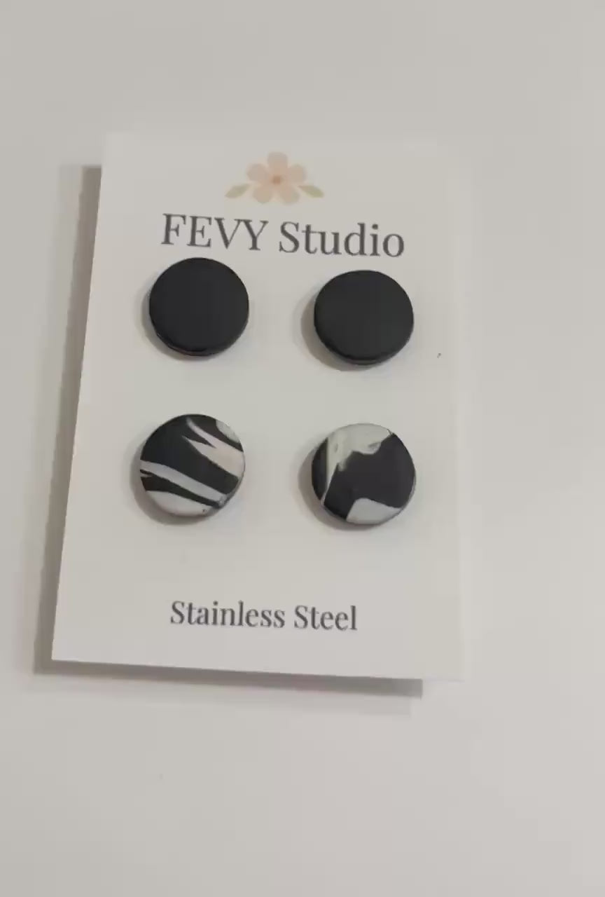 Matte Black Marble Stud Earrings Set, Minimalist Stainless Steel Jewelry