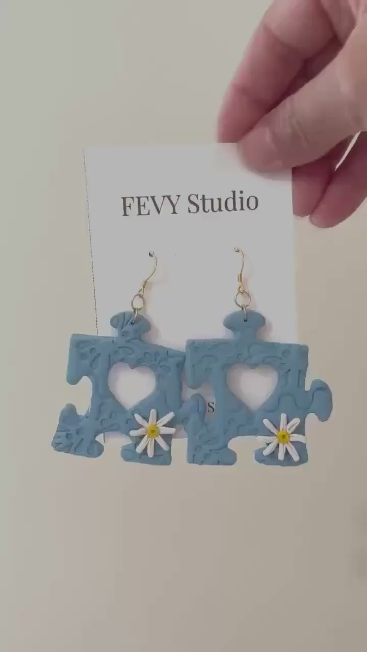 Blue Puzzle Piece Earrings | Autism Awareness Daisy Detail, Handmade Polymer Clay