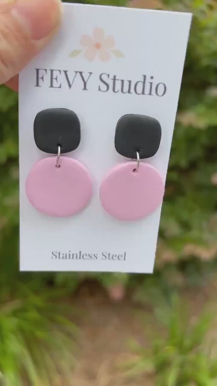 Pink Black Polymer Clay Dangle Earrings, Minimalist Modern Statement Jewelry