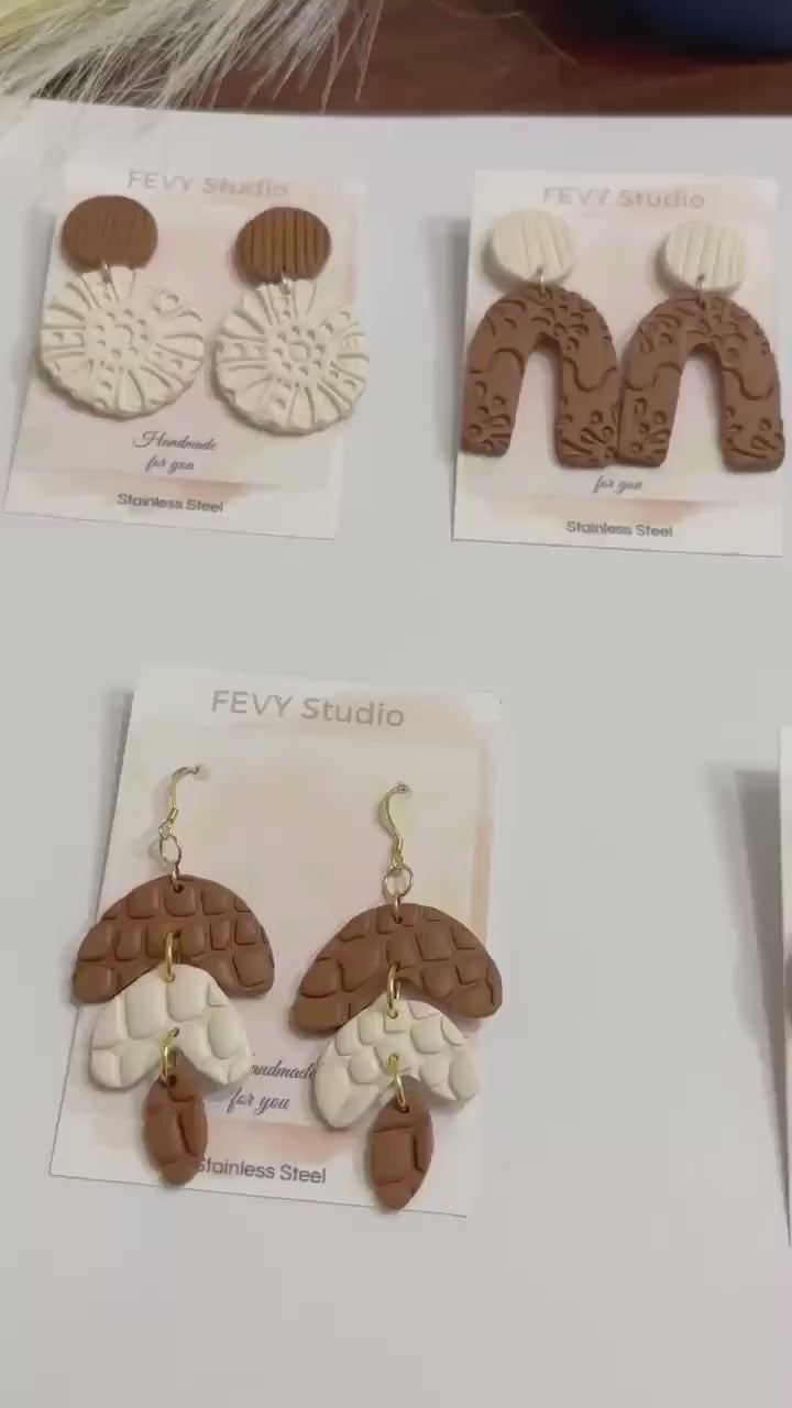 Handmade Neutral Boho Dangle Earrings, 18K Gold Plated Hooks, Lightweight Clay