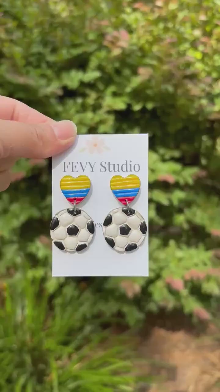 Colombian Soccer Earrings • Polymer Clay Football Earrings • Colombia Flag Heart Earrings • Handmade Sports Jewelry • Soccer Mom Gift